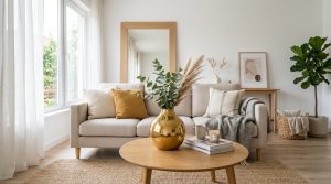 Decorațiuni pentru living — living modern scandinav cu vază aurie, oglindă și perne decorative